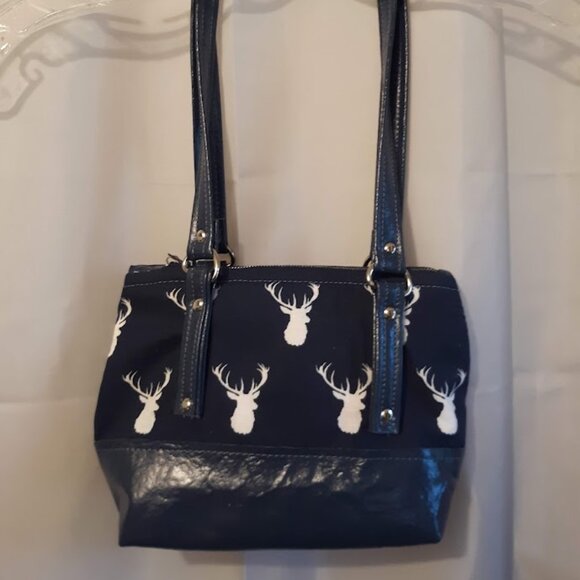 New Vinyl Double handle Shoulder Satchel Bag Purse Navy Blue White Deer Western - Picture 8 of 12